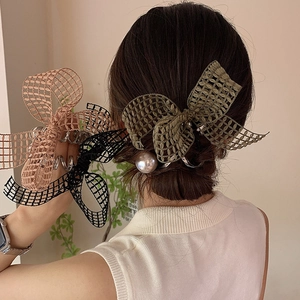 Women Bowknot Telephone Cord Hair Ring With Faux Artificial Pearl Elegant Cloth Mesh Hair Ties Korean Style Sweet Ponytail Holder Hair Accessories