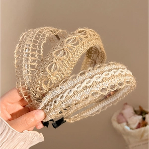 Bohemian Linen Woven Hollow Out Wide Headband For Women Summer Vacation Beach Straw Knit Hair Accessories Sweet Headband