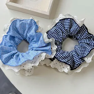 Blue plaid scrunchies set with white embroidery lace edges for sweet hair styling