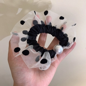 Vintage French Artificial Pearl Polka Dot Mesh Scrunchie Elegant Black White Polka Dot Hair Tie For Women Hair Accessories
