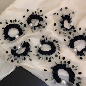 French vintage black polka dot mesh scrunchie with large pearl accent and lace ruffle