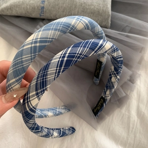 Vintage Preppy Plaid Fabric Headband For Women Small Fresh Blue Checkered Hair Hoop Casual Daily Hair Accessories