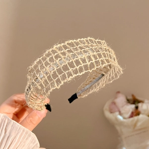 Bohemian beige linen woven hollow-out wide headband for a vintage vacation style