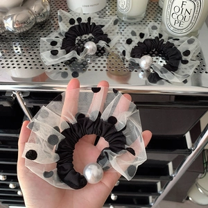 French vintage black polka dot lace hair scrunchie with large elegant faux pearl accent