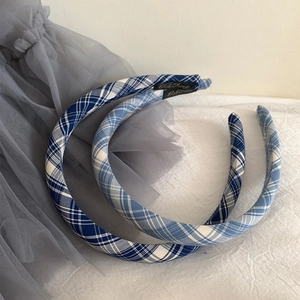 Classic blue plaid headband set with British academic style on white textured fabric