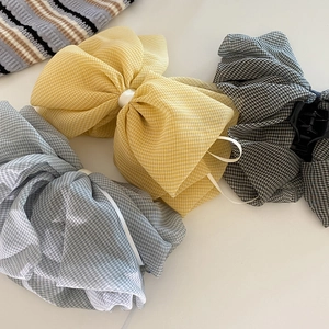 Korean Mesh Gingham Bow Hair Claw Clip Crystal Pendant Large Sweet Gingham Check Ponytail Clip For Women Girls Daily Hair Accessories