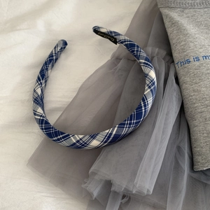 Classic blue and white plaid thin headband for women with a stylish preppy design