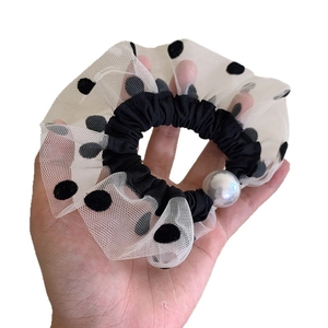 French vintage white mesh hair scrunchie with black polka dots and a large pearl bead