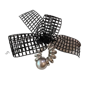 Lace bow phone cord hair tie with silver metallic spiral and grey pearl accent