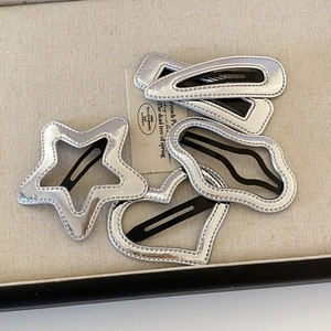 Five-piece silver faux leather hair clips featuring star, heart, and cloud shapes