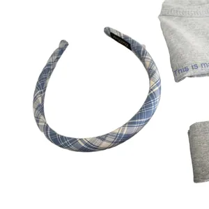 Blue and white plaid padded headband in Korean vintage style for women and girls