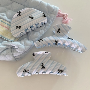 Korean Style Light Blue Striped Bow Acrylic Hair Claw Clips Sweet Shark Clips For Women Girls Hair Accessories