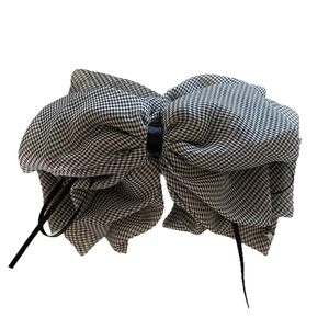Gingham bow hair clip with crystal pendant and black ribbons for a sweet vintage style