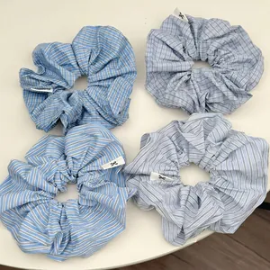 Oversized Korean Style Striped Checkered Fabric Scrunchies For Women Blue White Plaid Elastic Hair Ties Hair Accessories