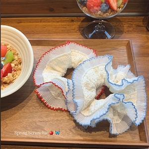 Spring Scrunchie set featuring double-layered lace with red and blue embroidered edges