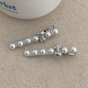 Pince à Cheveux Femme Style Français Argent Nœud Künstliche Perle Élégante Frange Bec de Canard Strass Doux Accessoire Cheveux