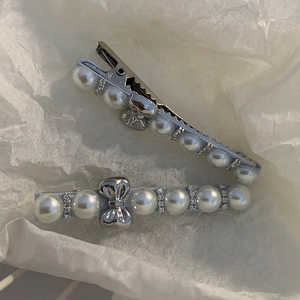 Barrettes à cheveux style français avec perles, strass et nœud sur base en tissu bleu