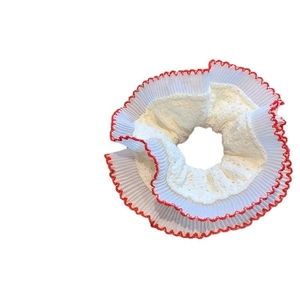 White double-layer lace scrunchie with red edges and ruffled floral pattern for women