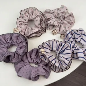 Collection Chouchous Rétro Style Coréen Bord à Volants Double Couche Nœud Floral Rayé Tissu Élastiques Cheveux Femme Coiffure