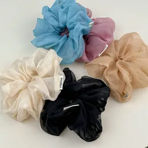 Fünfer-Pack große Organza-Haargummis in Pastellfarben mit gewebten Logo-Etiketten