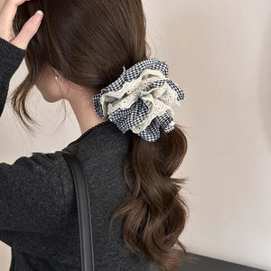 Chouchou en dentelle à carreaux pour femmes style ballerine pour coiffure queue de cheval