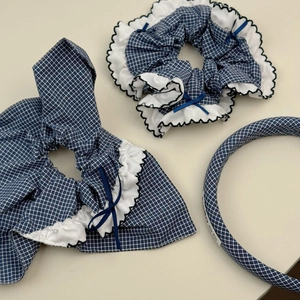 Lot de 3 accessoires cheveux à carreaux bleus avec nœuds et volants pour femmes