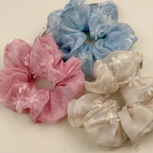 French Style 3D Flower Mesh Scrunchies For Women Sweet Floral Embroidery Hair Ties Large Organza Hair Ring Headwear Accessories