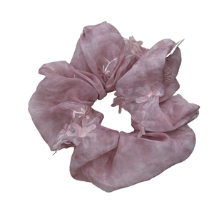 Pink organza scrunchie with 3D embroidered flowers and delicate metallic accent