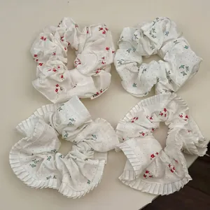 Chouchous Floraux Style Coréen en Tissu à Pois Élastiques Queue de Cheval Bord à Volants Plissé Accessoires Cheveux Femme