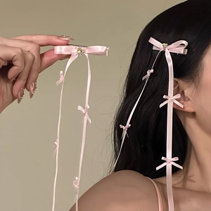 French Balletcore Aesthetic Ribbon Bow Hair Clip Long Streamer Heart Rhinestone Alloy Alligator Clip Women Hair Accessory