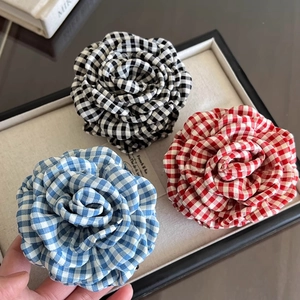 Plaid Flower Hair Claw Clip For Women Fabric Camellia Rose Hair Clips Checkered Floral Hair Clamps French Hair Accessories