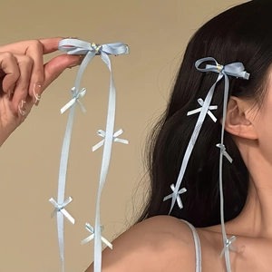 Light blue long ribbon bow hair clip with heart rhinestone in French aesthetic style
