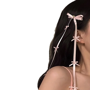 Pink balletcore ribbon hair clip with bows and heart decor on long satin streamers