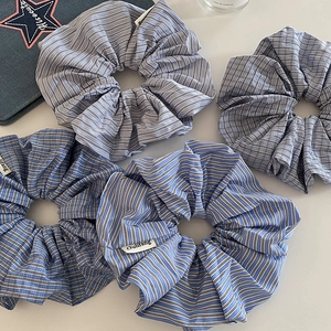 Set of 4 blue plaid and striped scrunchies for women featuring Korean aesthetic hair ties