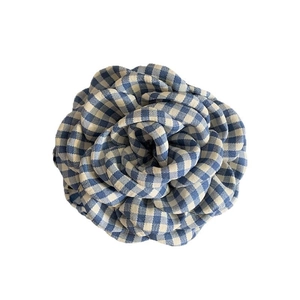 Elegant blue gingham checkered flower hair claw clip with a layered fabric petal design