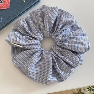 Large blue and white striped scrunchie in premium fabric for high ponytail hair styling