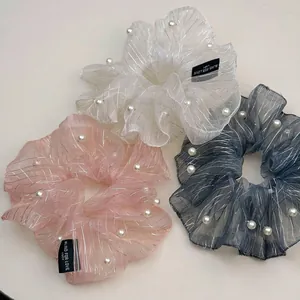 Chouchou Élégant en Organza Surdimensionné Avec Fausse Künstliche Perle Et Satin Argentée Style Coréen Esthétique Accessoire Cheveux Pour Femmes