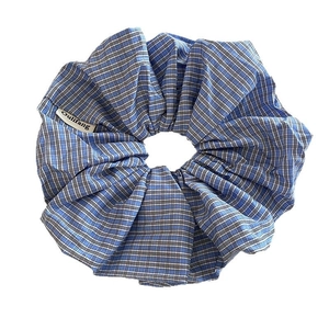 Blue plaid oversized hair scrunchie with woven label for women ponytail styling