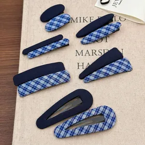 Koreanischer Stil Blau Retro Kariert Stoff Umwickelt Metall Haarklammern Vintage Süß Pony Clips BB Nadeln Für Damen Mädchen