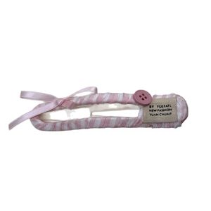 Barrette à cheveux rayée rose et blanc avec petit nœud en satin et bouton décoratif