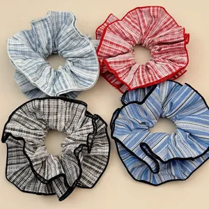 Korean Style Striped Gingham Plaid Scrunchies With Lace Edge Large Hair Ties For Women Casual Daily Hair Accessories