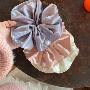 Three-piece set of satin pearl oversized hair scrunchies in purple, pink and cream