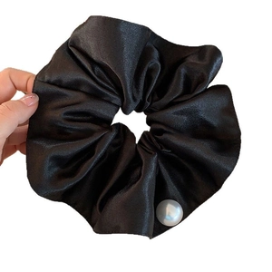 French style oversized black satin hair scrunchie with pearl detail and glossy finish