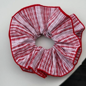 Retro red and white gingham scrunchie with lace trim and elegant pleated fabric design