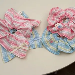 Sweet Korean Style Striped Fabric Scrunchies With Bow Ribbon Lace Edge Handmade Soft Hair Ties For Women Daily Headwear