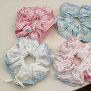 Korean style sweet striped scrunchies with lace details and elegant ribbon bows set
