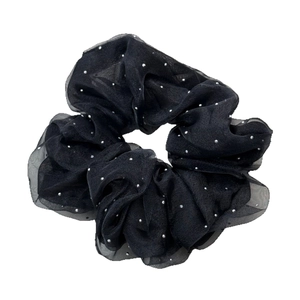Elegant black double-layer mesh scrunchie with sparkling rhinestones for hair