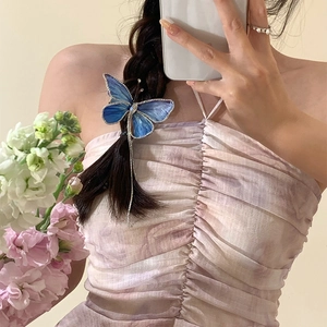 Eleganter blauer Schmetterling-Haarclip mit Kristallen und langen silbernen Quasten für Damen