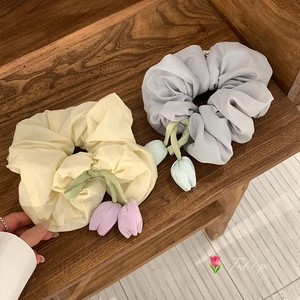 Elegant Tulip Pendant Large Scrunchies For Women Girls Sweet Floral Satin Fabric Hair Ties Elastic Ponytail Accessories