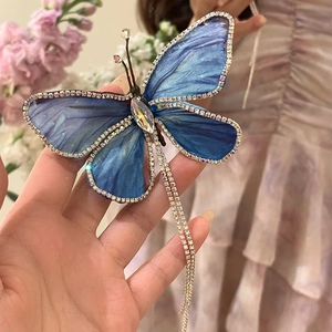 Detail der blauen Strass-Schmetterlings-Haarklammer mit glitzernden Quasten